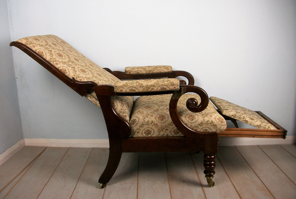 Antique Reclining Mahogany Library Armchair